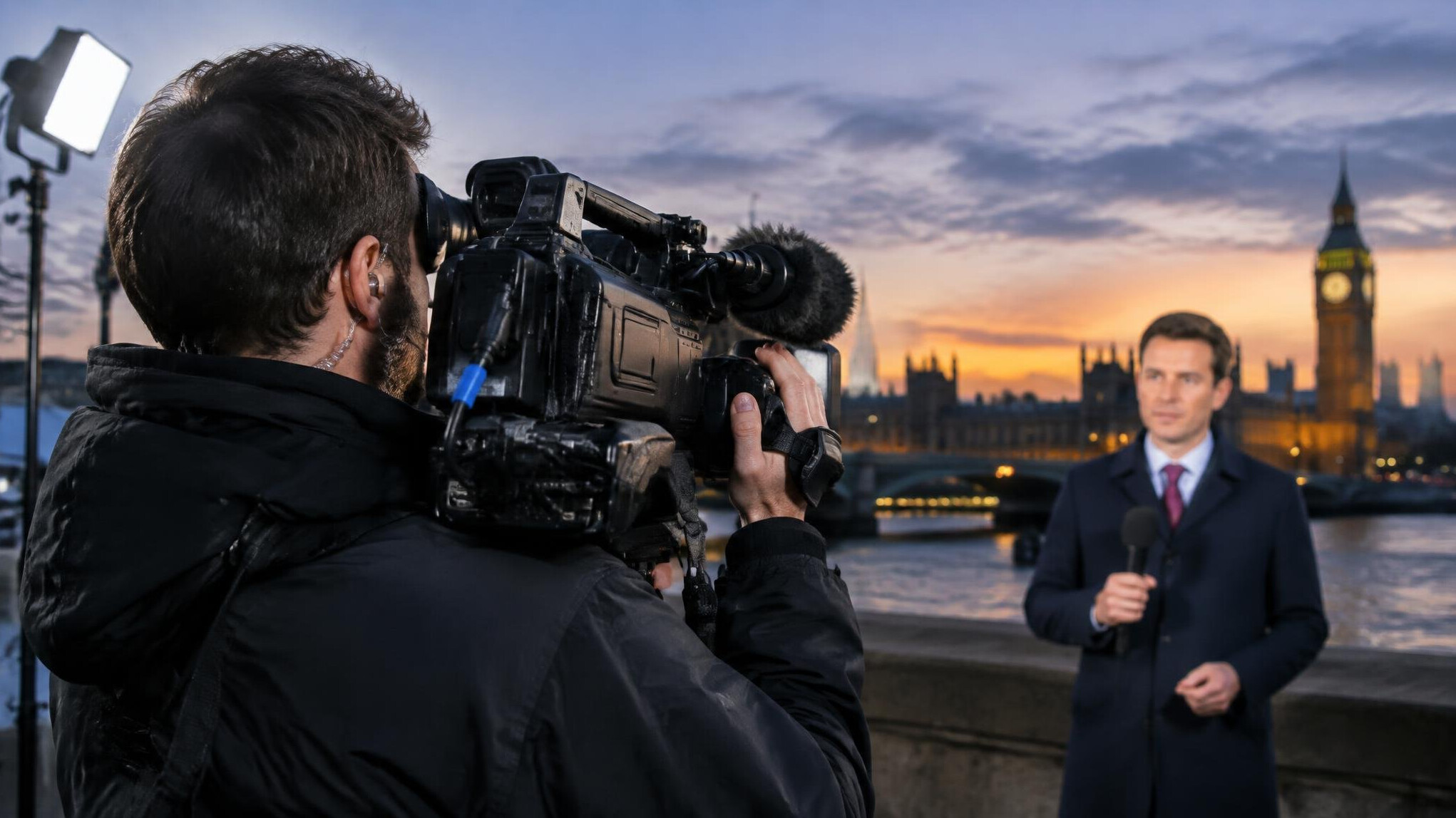 Camera operator filming a live television segment with a professional broadcast camera